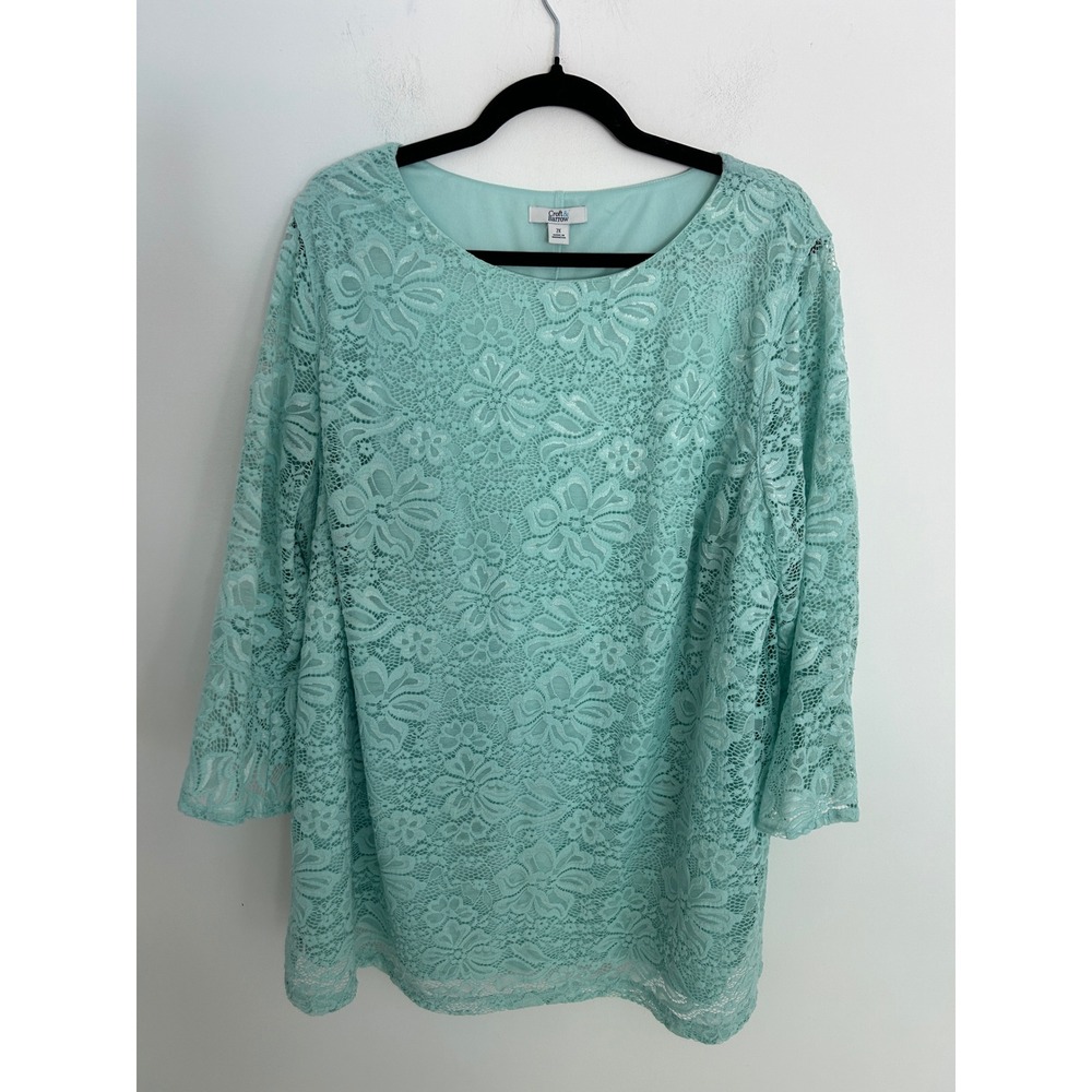 Croft & Barrow Womens 2X Mint Green Floral Lace‎ 3/4 Bell Sleeve Elegant Top